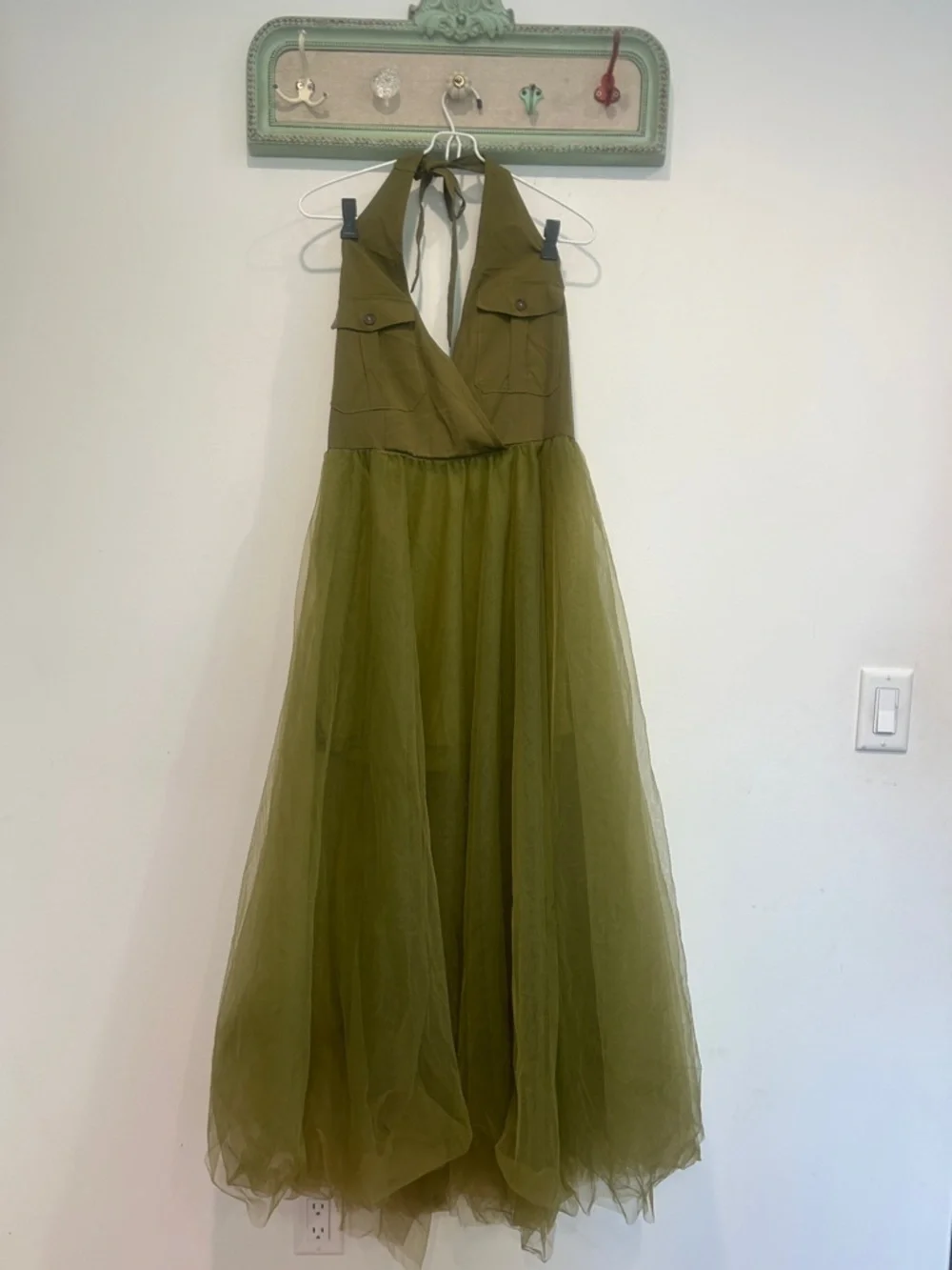 Ursime Olive Green Maxi Tulle halter cargo rocker Dress women’s medium new - Picture 9 of 10